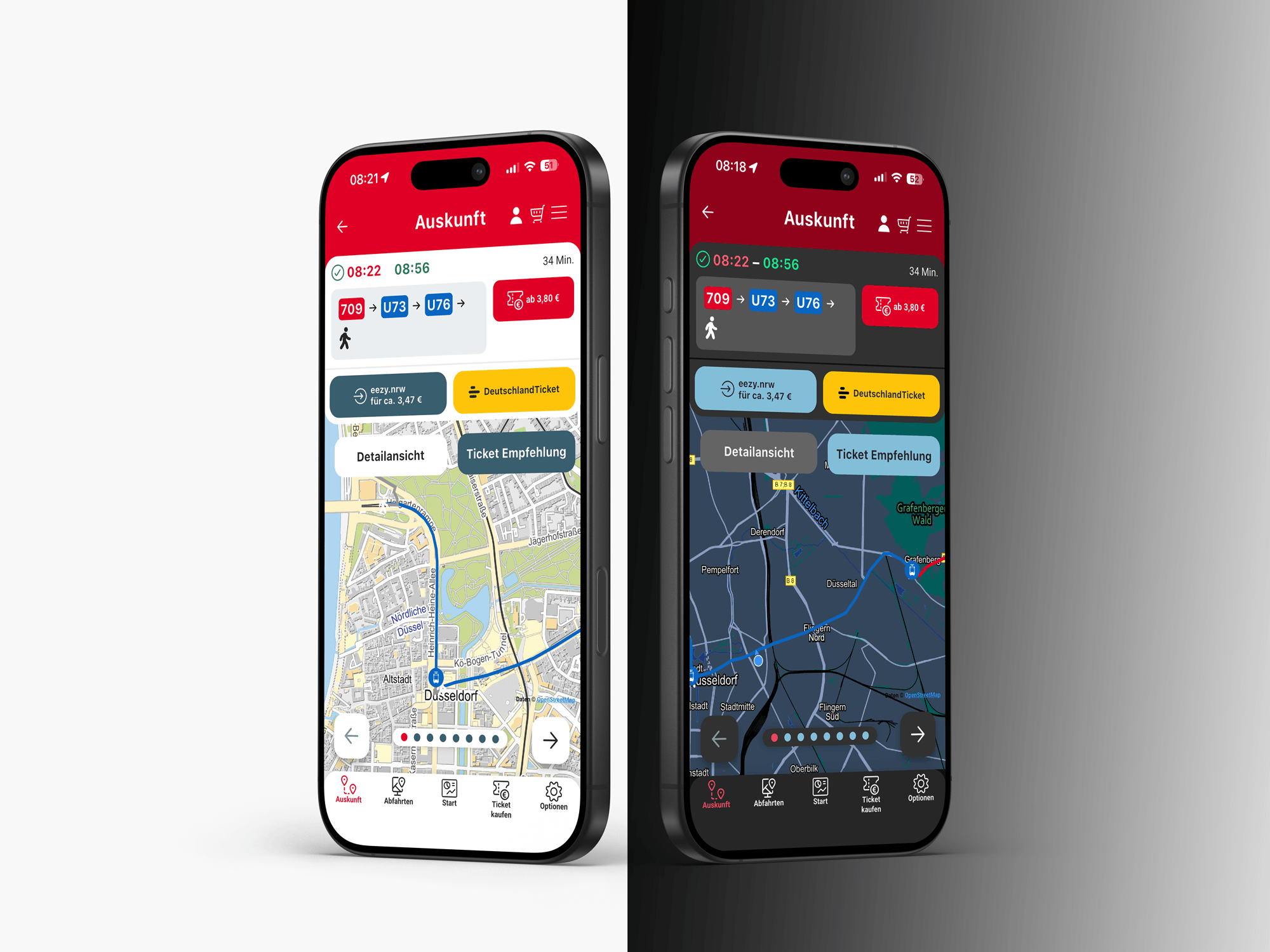 Light- und Darkmode der Fahrtwegsansicht auf der Karte in der barrierefreien Rheinbahn App.